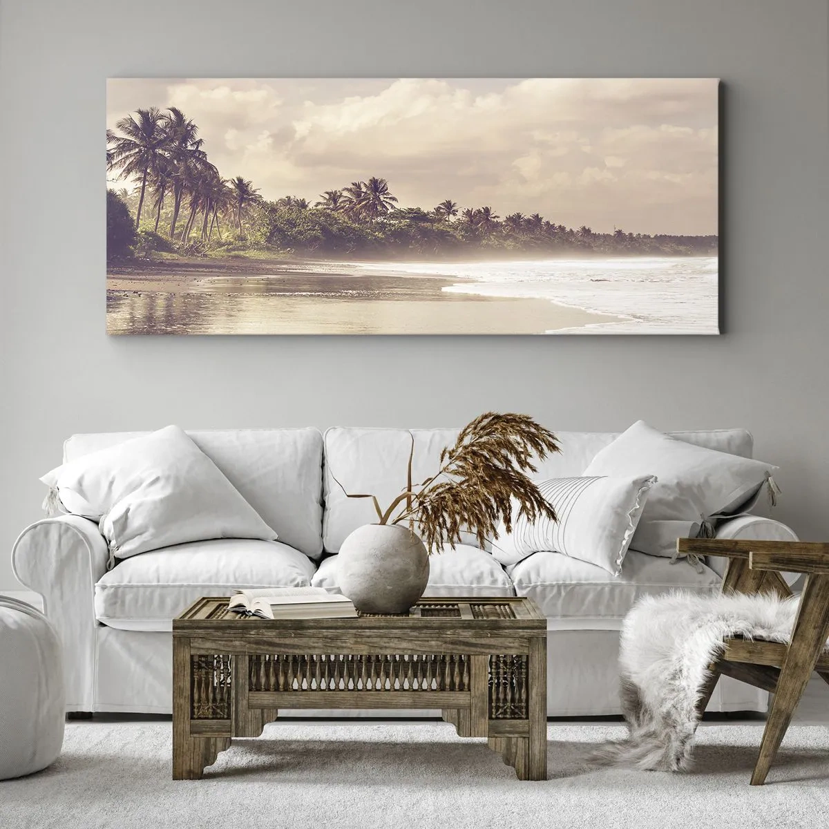 Impression sur toile - Image sur toile - Une plage avec des palmiers et des vagues douces le matin - 140x50cm - La caresse des vagues - Décoration murale moderne pour le salon et la chambre ARTTOR