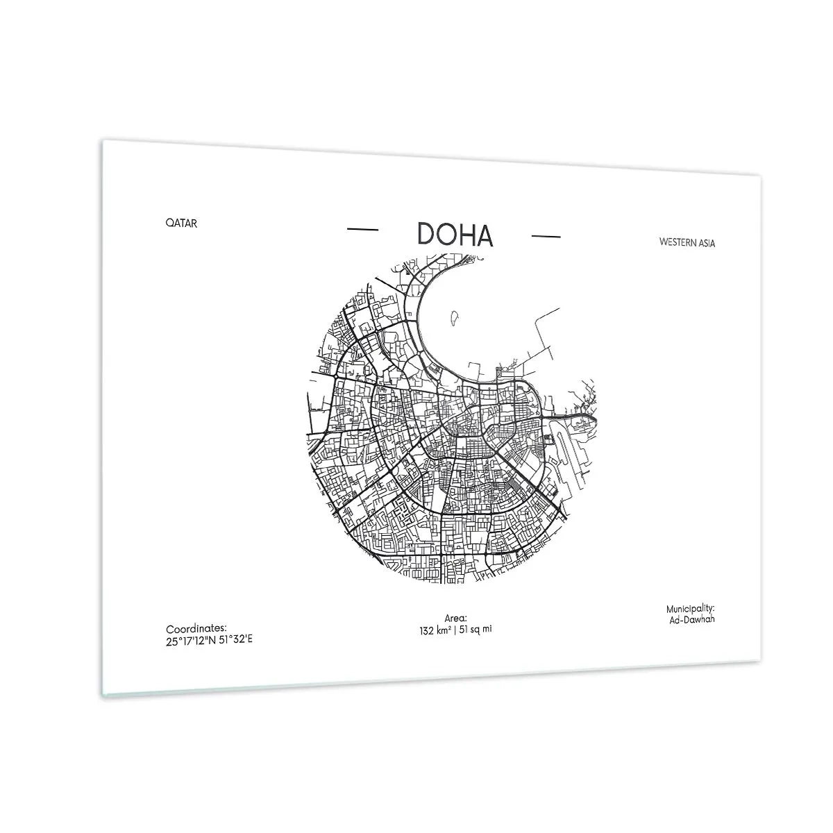 Impression sur verre - Image sur verre - Une carte graphique de Doha dans un style minimaliste en noir et blanc. - 70x50cm - Anatomie de Doha - Décoration murale moderne pour le salon et la chambre ARTTOR
