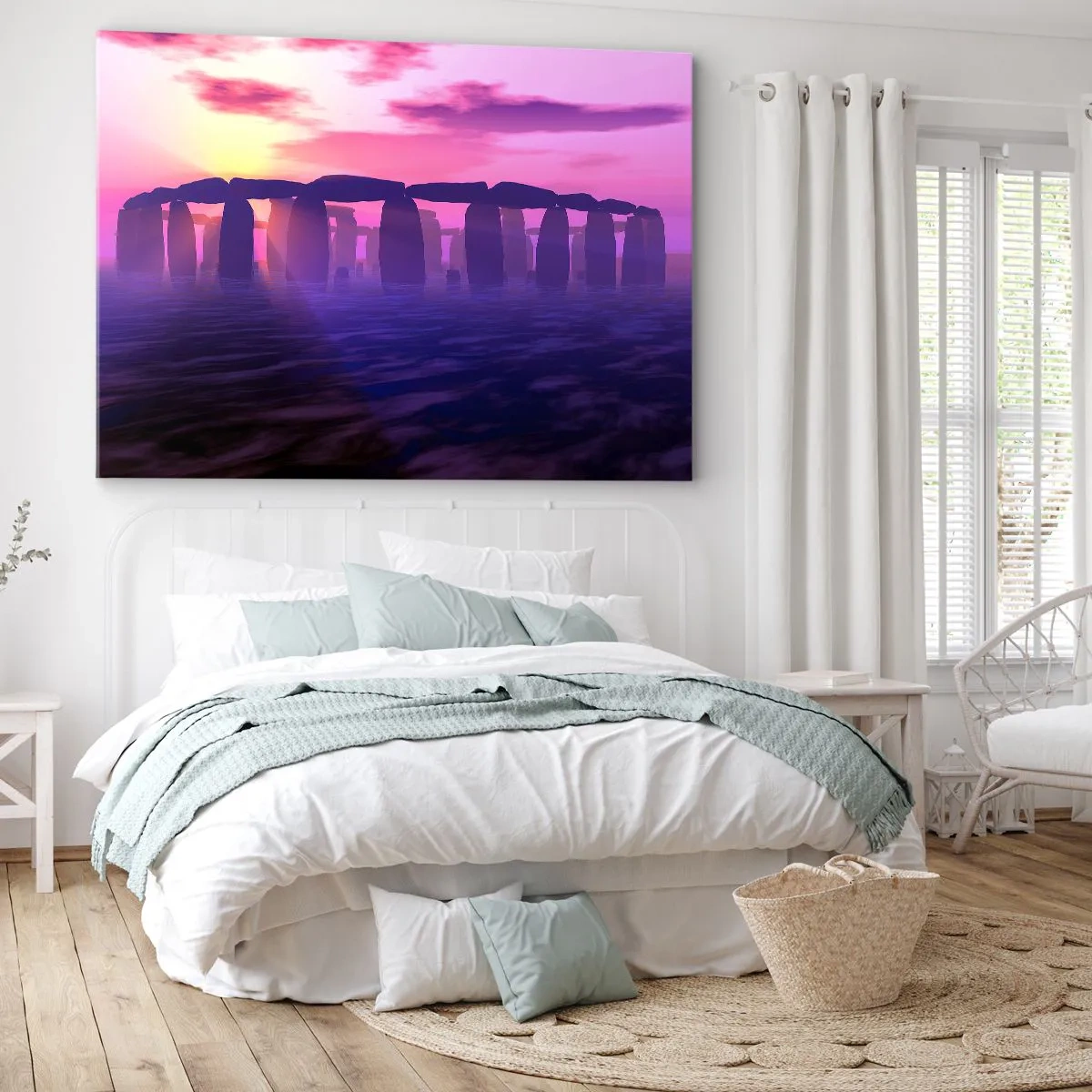 Impression sur toile - Image sur toile - Cercle de pierres au coucher du soleil avec un ciel violet - 120x80cm - Mystère à l'aube dans le brouillard - Décoration murale moderne pour le salon et la chambre ARTTOR