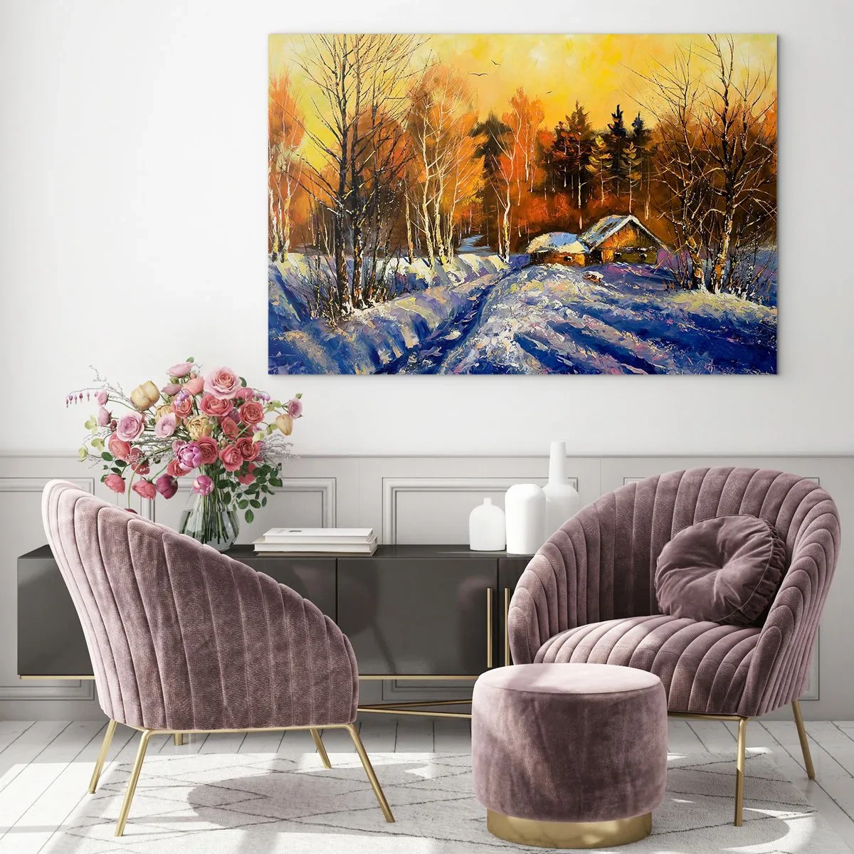 Impression sur verre - Image sur verre - Paysage d'hiver avec un chalet en bois au coucher du soleil - 100x70cm - Impression d'hiver au soleil - Décoration murale moderne pour le salon et la chambre ARTTOR