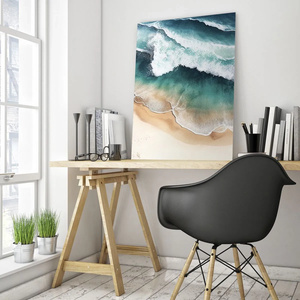 Impression sur verre - Image sur verre - Vue sur la plage et les vagues de la mer dans des tons turquoise - 70x100cm - La rencontre éternelle - Décoration murale moderne pour le salon et la chambre ARTTOR