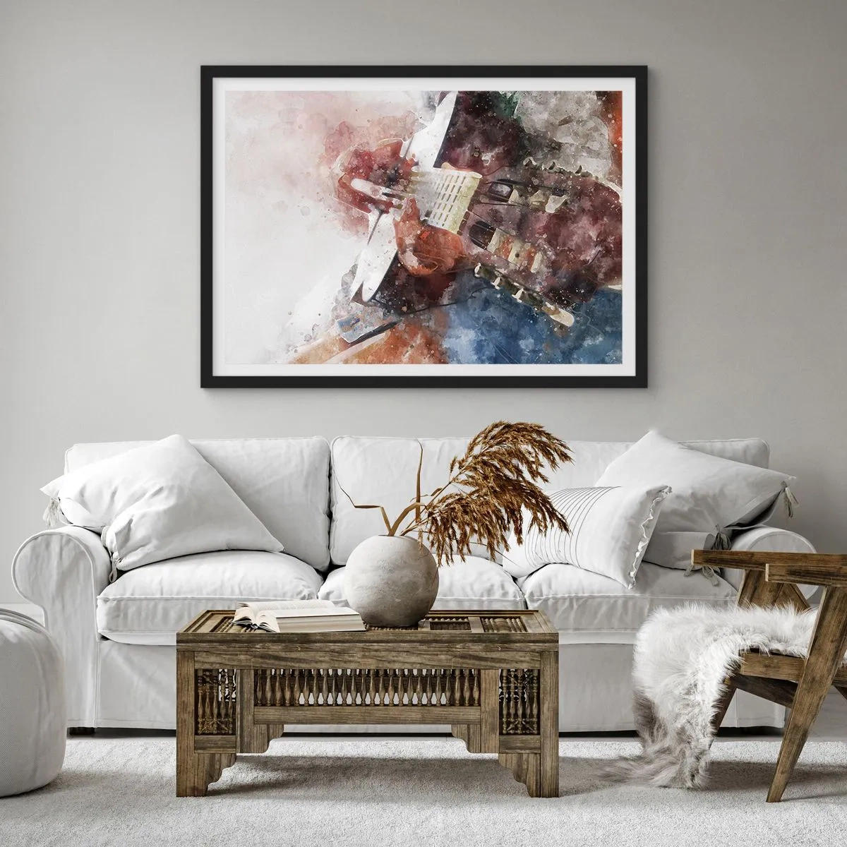 Affiche dans un cadre noir - Poster - Une interprétation artistique d'une guitare dans un style aquarelle - 70x50cm - Et qu'en pensez-vous ? - Décoration murale moderne pour le salon et la chambre ARTTOR