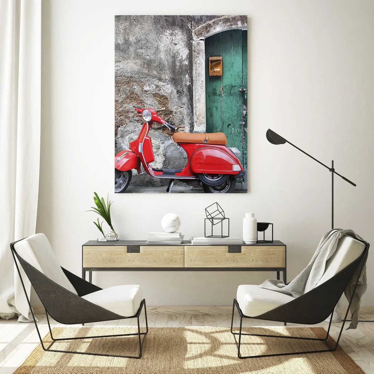 Impression sur verre - Image sur verre - Scooter rouge contre une porte verte - 50x70cm - Vacances italiennes - Décoration murale moderne pour le salon et la chambre ARTTOR
