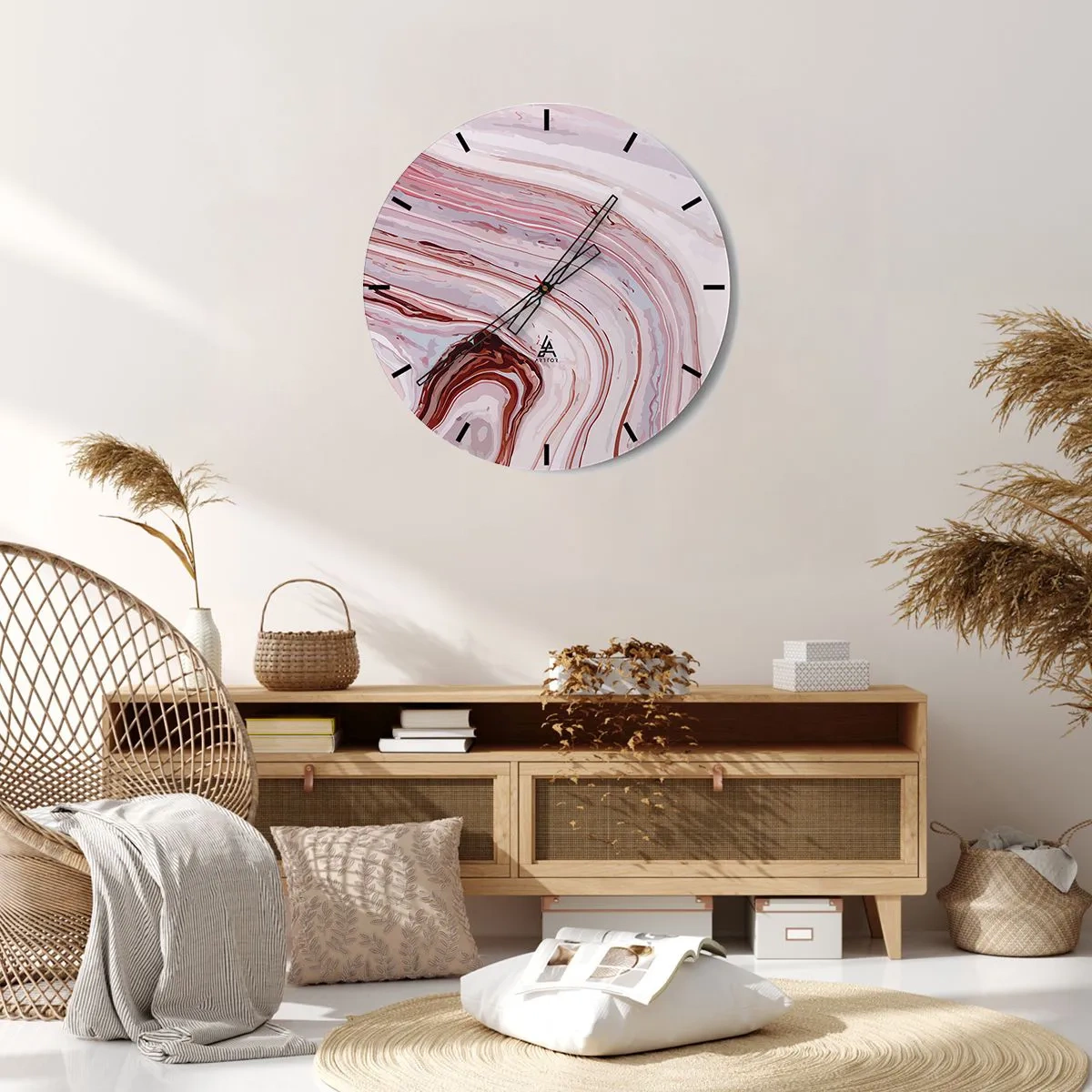 Horloge murale - Pendule murale - Vagues abstraites dans des tons de rose et de rouge sur un fond clair - 30x30cm - Tout droit, puis tout en bas - Décoration murale moderne pour le salon, la cuisine et la chambre ARTTOR