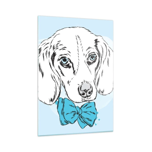 Impression sur verre - Image sur verre - Dessin d'un chien avec un nœud papillon sur fond bleu - 50x70cm - L'élégance du chien - Décoration murale moderne pour le salon et la chambre ARTTOR