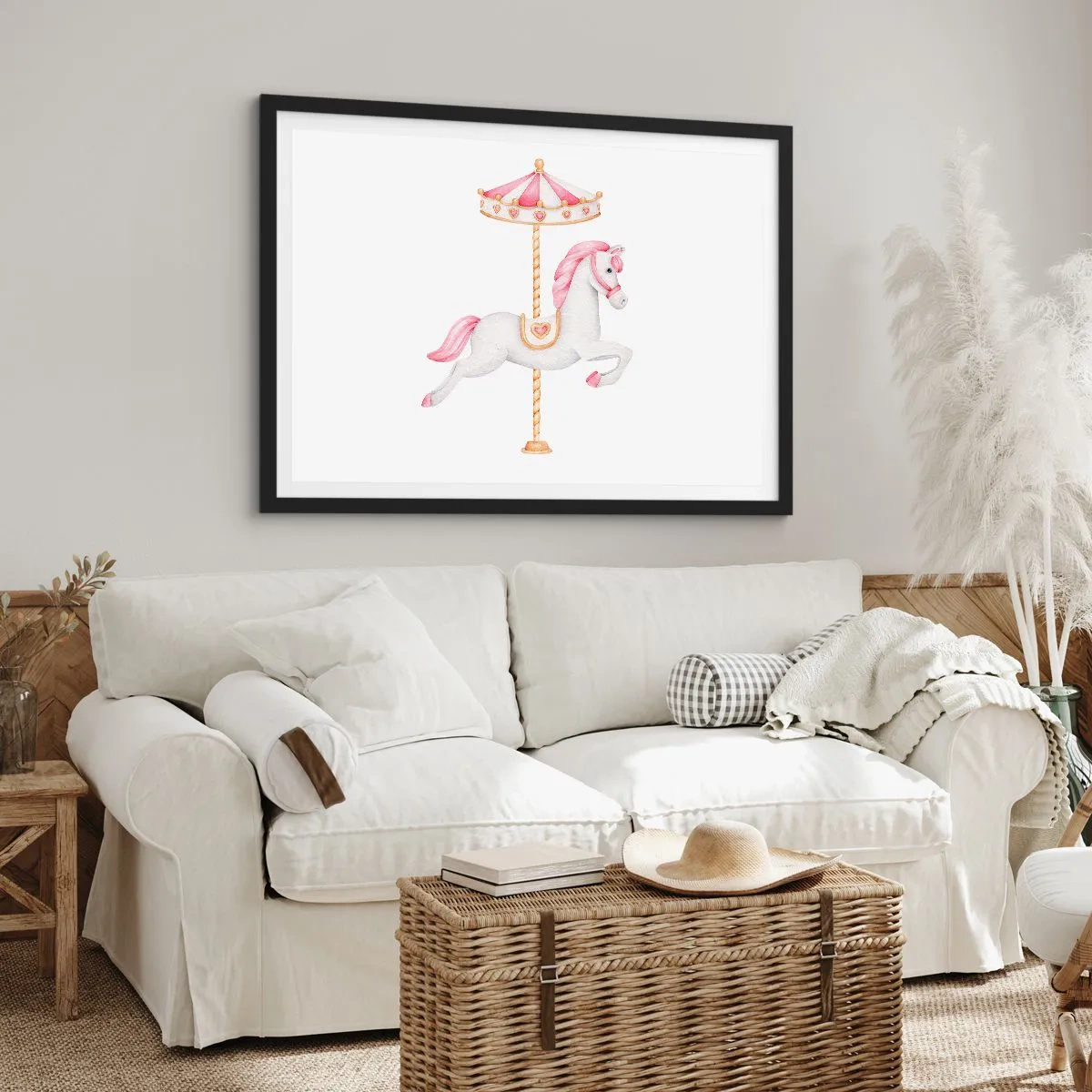 Affiche dans un cadre noir - Poster - Un cheval de carrousel aux tons pastel de rose - 100x70cm - Les sabots en avant - Décoration murale moderne pour le salon et la chambre ARTTOR