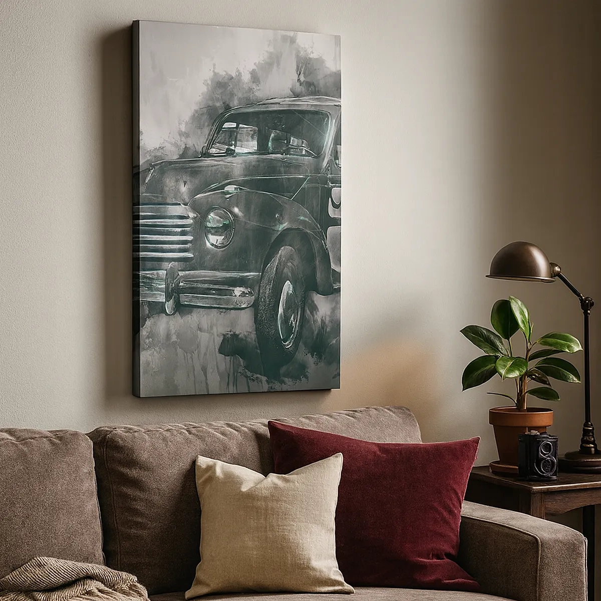 Impression sur toile - Image sur toile - Une voiture rétro classique avec un décor artistique - 50x70cm - Ancêtre respecté - Décoration murale moderne pour le salon et la chambre ARTTOR