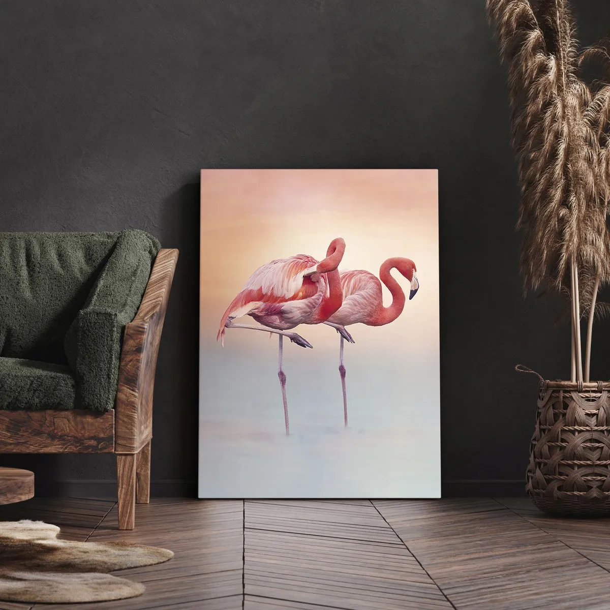 Impression sur toile - Image sur toile - Flamants roses aux couleurs pastel délicates sur fond d'eau - 70x100cm - Dans les couleurs du soleil couchant - Décoration murale moderne pour le salon et la chambre ARTTOR