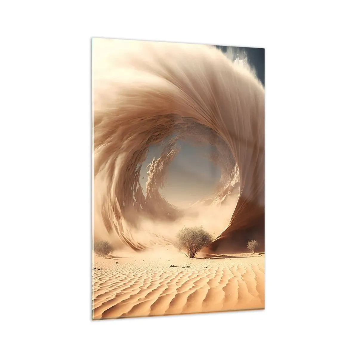 Impression sur verre - Image sur verre - Tourbillon de sable dynamique dans un désert avec des arbres - 80x120cm - Portail ouvert - Décoration murale moderne pour le salon et la chambre ARTTOR