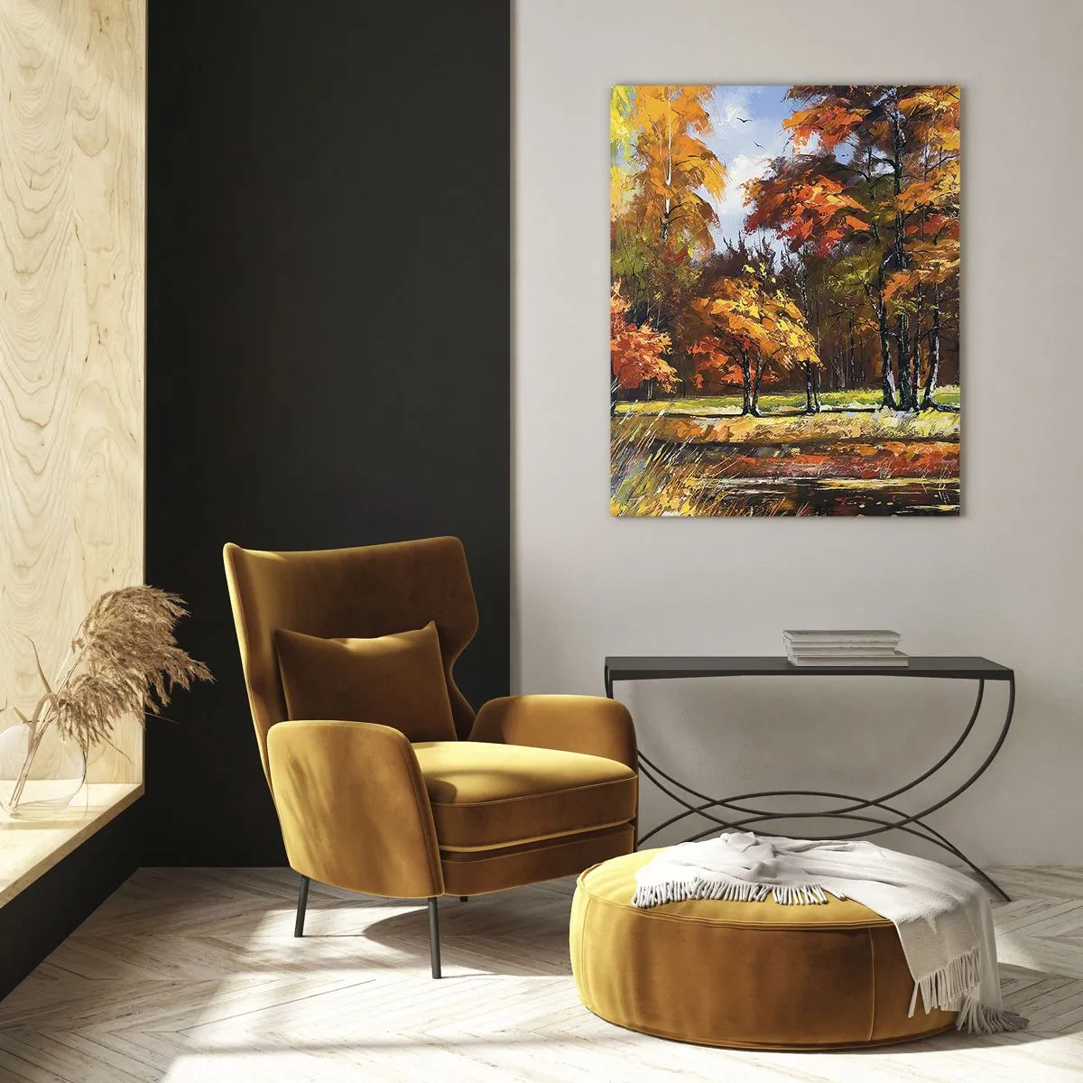 Impression sur verre - Image sur verre - Paysage d'automne avec arbres et reflet dans l'eau - 50x70cm - Paysage en or et bronze - Décoration murale moderne pour le salon et la chambre ARTTOR