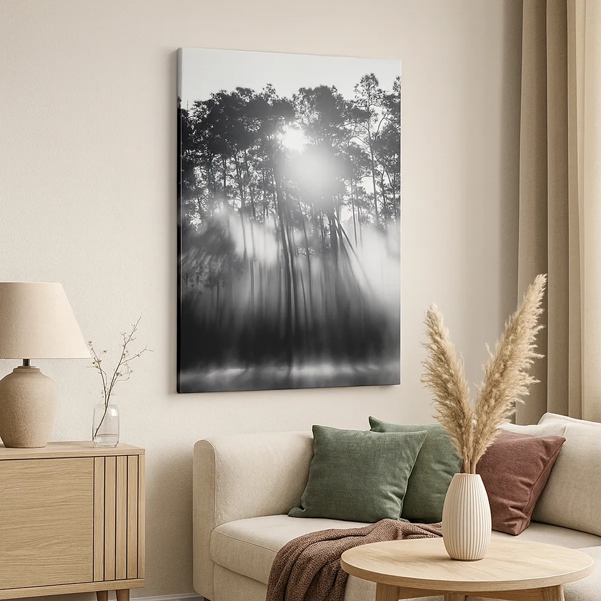 Impression sur toile - Image sur toile - Forêt noire et blanche dans le brouillard du matin - 50x70cm - Soleil inarrêtable - Décoration murale moderne pour le salon et la chambre ARTTOR