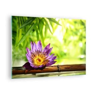 Impression sur verre - Image sur verre - Fleur de lotus violette sur une planche de bambou avec un fond vert - 70x50cm - Sous le soleil asiatique - Décoration murale moderne pour le salon et la chambre ARTTOR