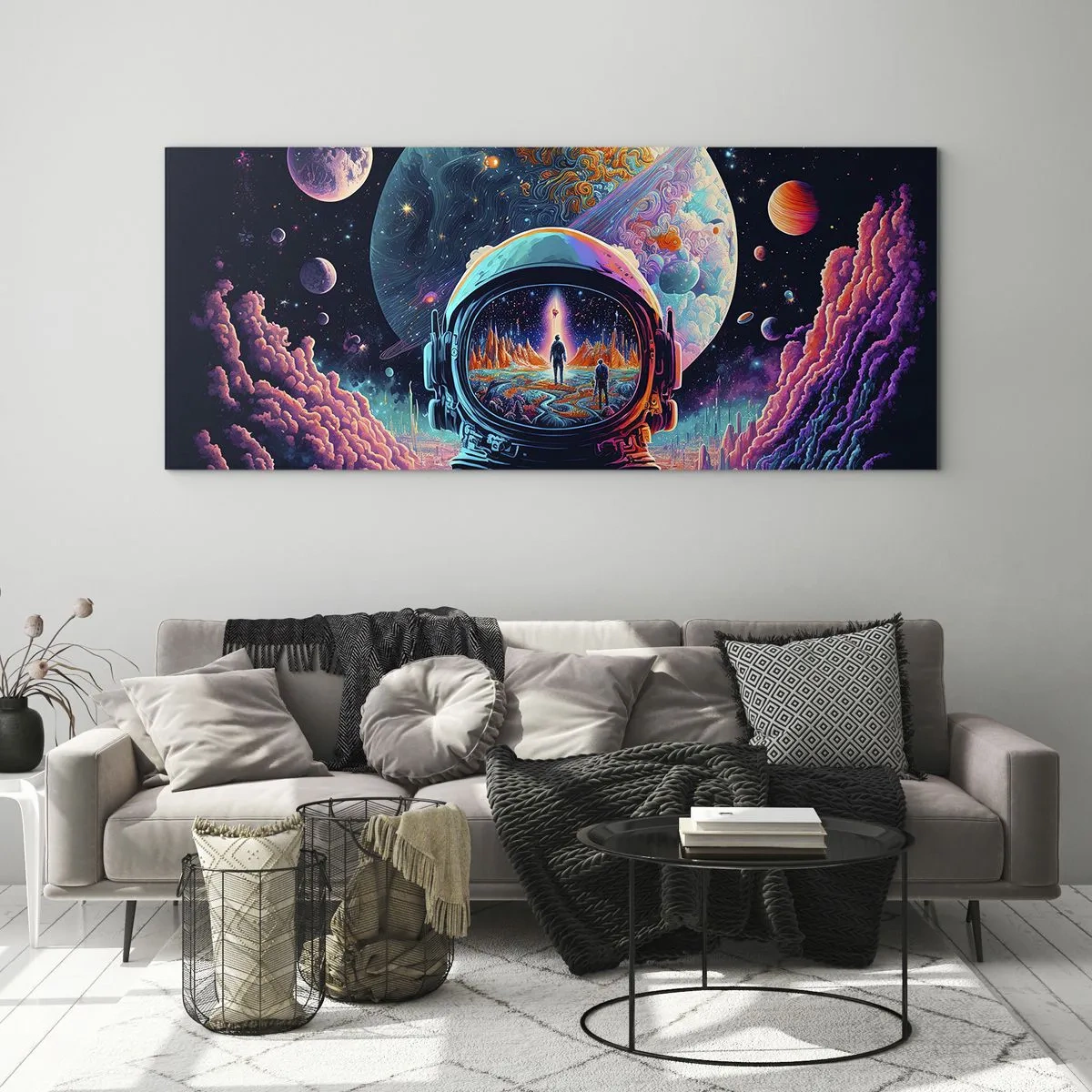 Impression sur verre - Image sur verre - Astronaute dans l'espace avec un paysage planétaire coloré - 160x50cm - Les philosophes n'en ont pas rêvé - Décoration murale moderne pour le salon et la chambre ARTTOR