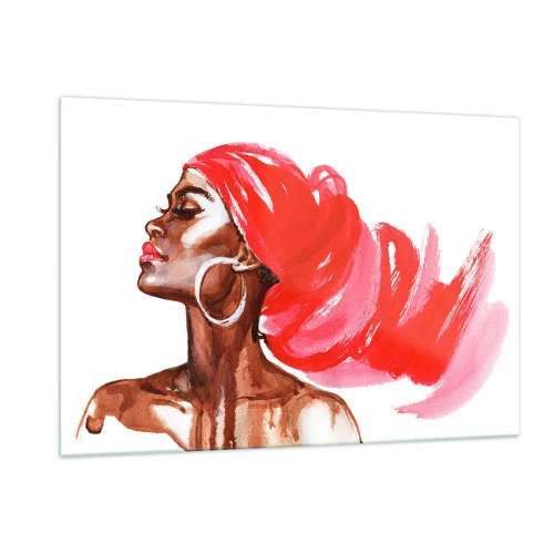Impression sur verre - Image sur verre - Portrait à l'aquarelle d'une femme au turban rouge - 120x80cm - "Les cheveux dans le vent" - Décoration murale moderne pour le salon et la chambre ARTTOR