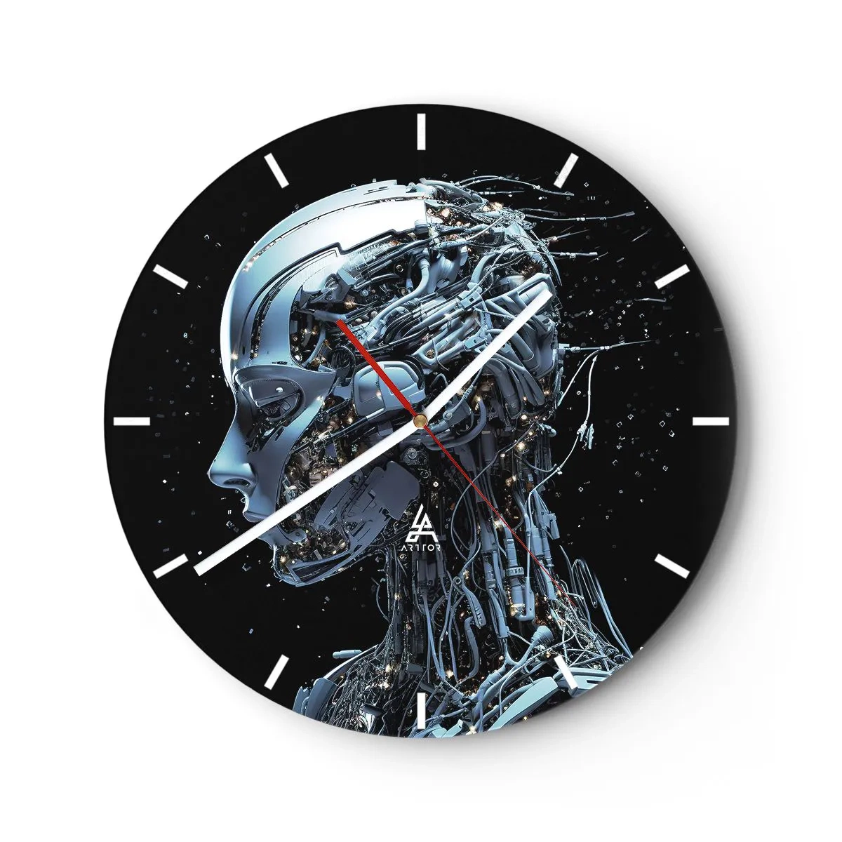 Horloge murale - Pendule murale - Profil d'un robot humanoïde composé de câbles futuristes - 30x30cm - La technologie est une femme - Décoration murale moderne pour le salon, la cuisine et la chambre ARTTOR