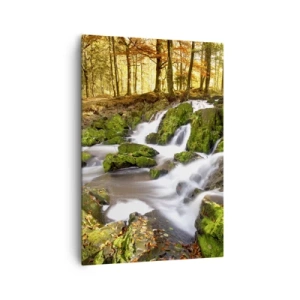 Impression sur toile - Image sur toile - Un paysage boisé avec une cascade entourée de mousse - 70x100cm - Rapidement à travers la forêt d'automne - Décoration murale moderne pour le salon et la chambre ARTTOR