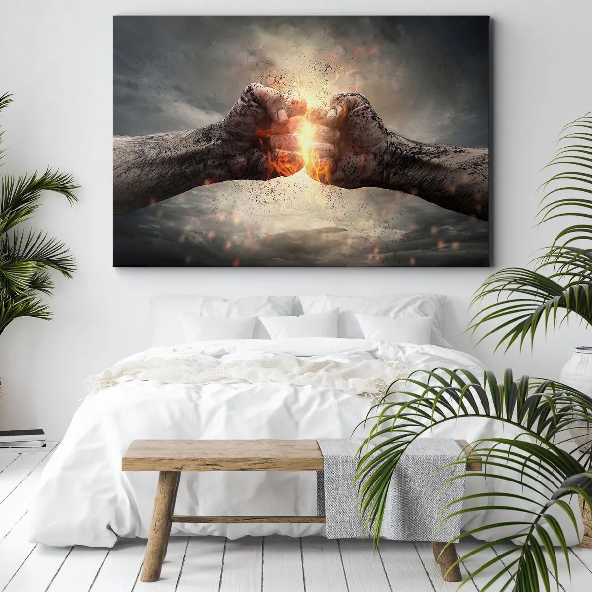 Impression sur toile - Image sur toile - Poings serrés dans une scène d'incendie dynamique - 70x50cm - Lève-toi pour le combat - Décoration murale moderne pour le salon et la chambre ARTTOR