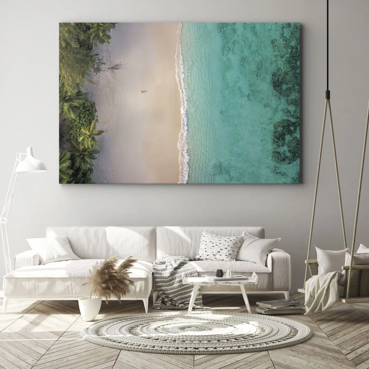 Impression sur toile - Image sur toile - Vue aérienne d'une plage tropicale aux eaux turquoises - 120x80cm - Plage paradisiaque - Décoration murale moderne pour le salon et la chambre ARTTOR