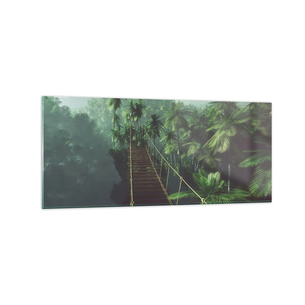 Impression sur verre - Image sur verre - Un pont suspendu dans une forêt tropicale entourée de brouillard. - 120x50cm - Au fil de la verdure - Décoration murale moderne pour le salon et la chambre ARTTOR