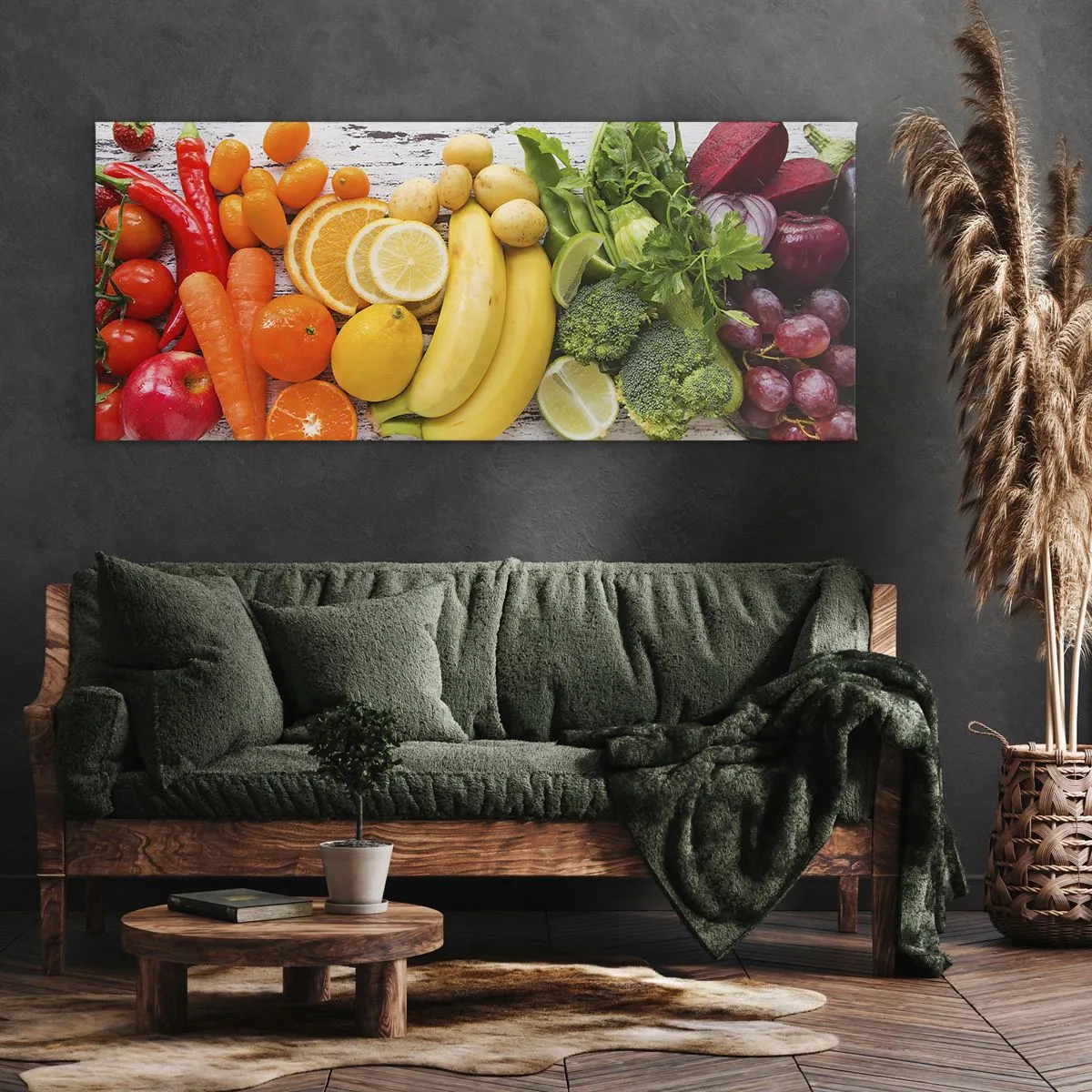 Impression sur toile - Image sur toile - Fruits et légumes colorés sur fond de bois - 120x50cm - Ce n'est pas suffisant? - Décoration murale moderne pour le salon et la chambre ARTTOR