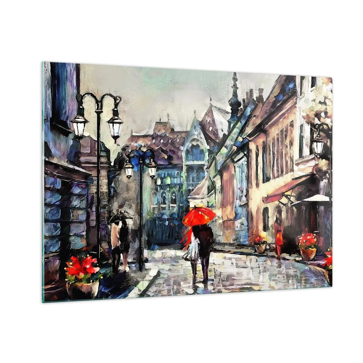 Impression sur verre - Image sur verre - Un couple sous un parapluie rouge se promenant dans une rue pittoresque - 100x70cm - Pluie pour deux - Décoration murale moderne pour le salon et la chambre ARTTOR