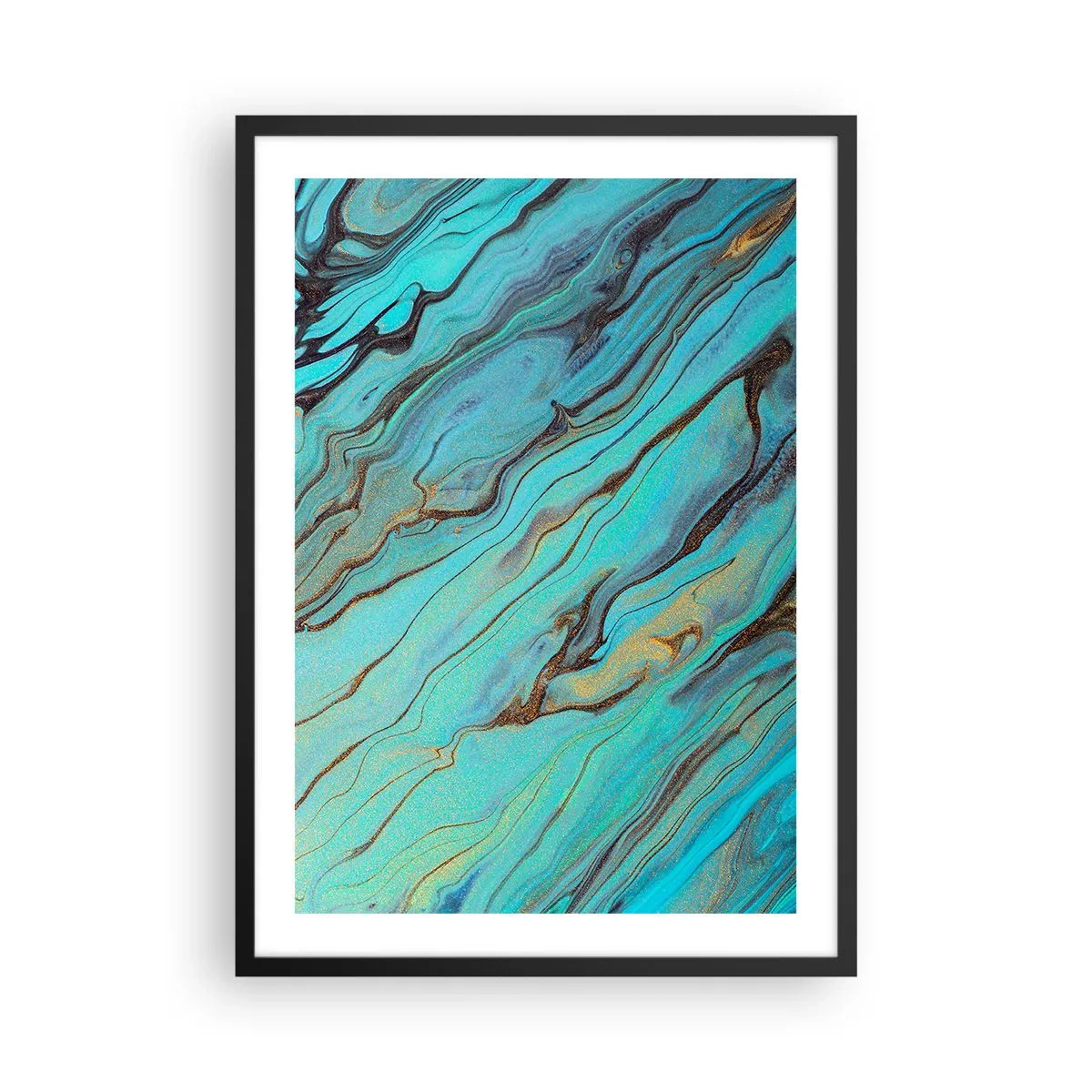 Affiche dans un cadre noir - Poster - Motifs abstraits dans les tons turquoise et or - 50x70cm - Marée turquoise - Décoration murale moderne pour le salon et la chambre ARTTOR