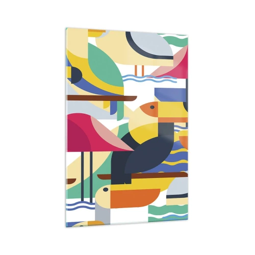 Impression sur verre - Image sur verre - Oiseaux colorés dans une composition abstraite et géométrique - 70x100cm - Fête des oiseaux - Décoration murale moderne pour le salon et la chambre ARTTOR