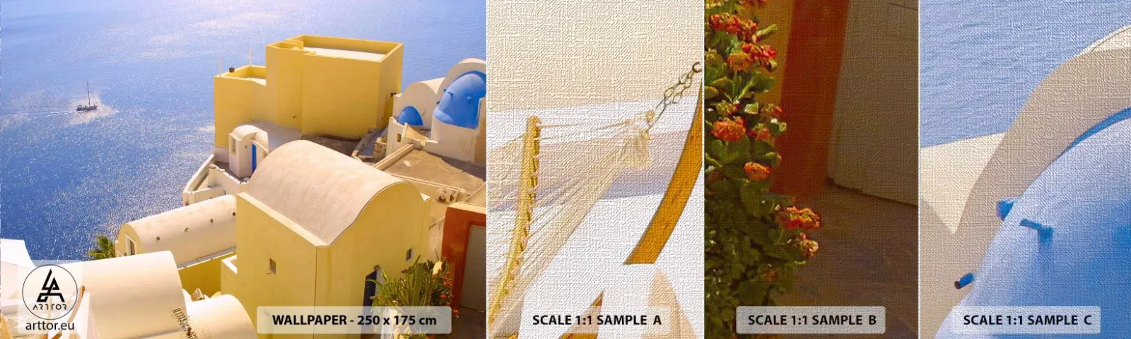 Échantillon de Papier Peint Premium Canvas - Paysage grec en blanc et bleu ciel - Paysage, Santorin, Grèce - 100x30 cm