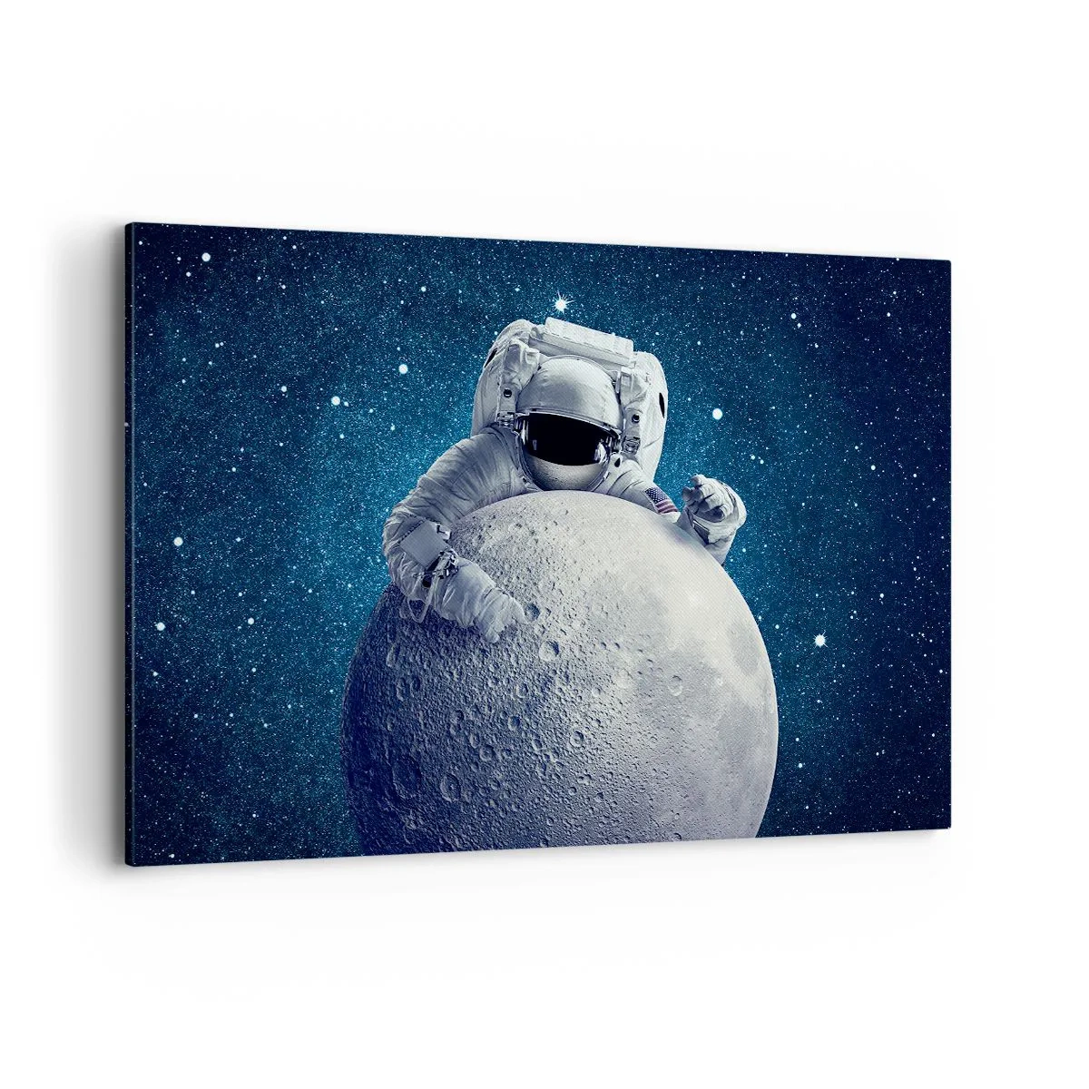 Impression sur toile - Image sur toile - Astronaute tenant la lune dans un ciel étoilé - 120x80cm - Comique de l'espace - Décoration murale moderne pour le salon et la chambre ARTTOR