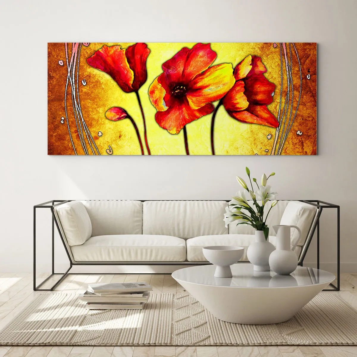 Impression sur verre - Image sur verre - Fleurs rouges et jaunes sur fond doré avec motifs décoratifs - 160x50cm - Dans la décoration Art Nouveau - Décoration murale moderne pour le salon et la chambre ARTTOR