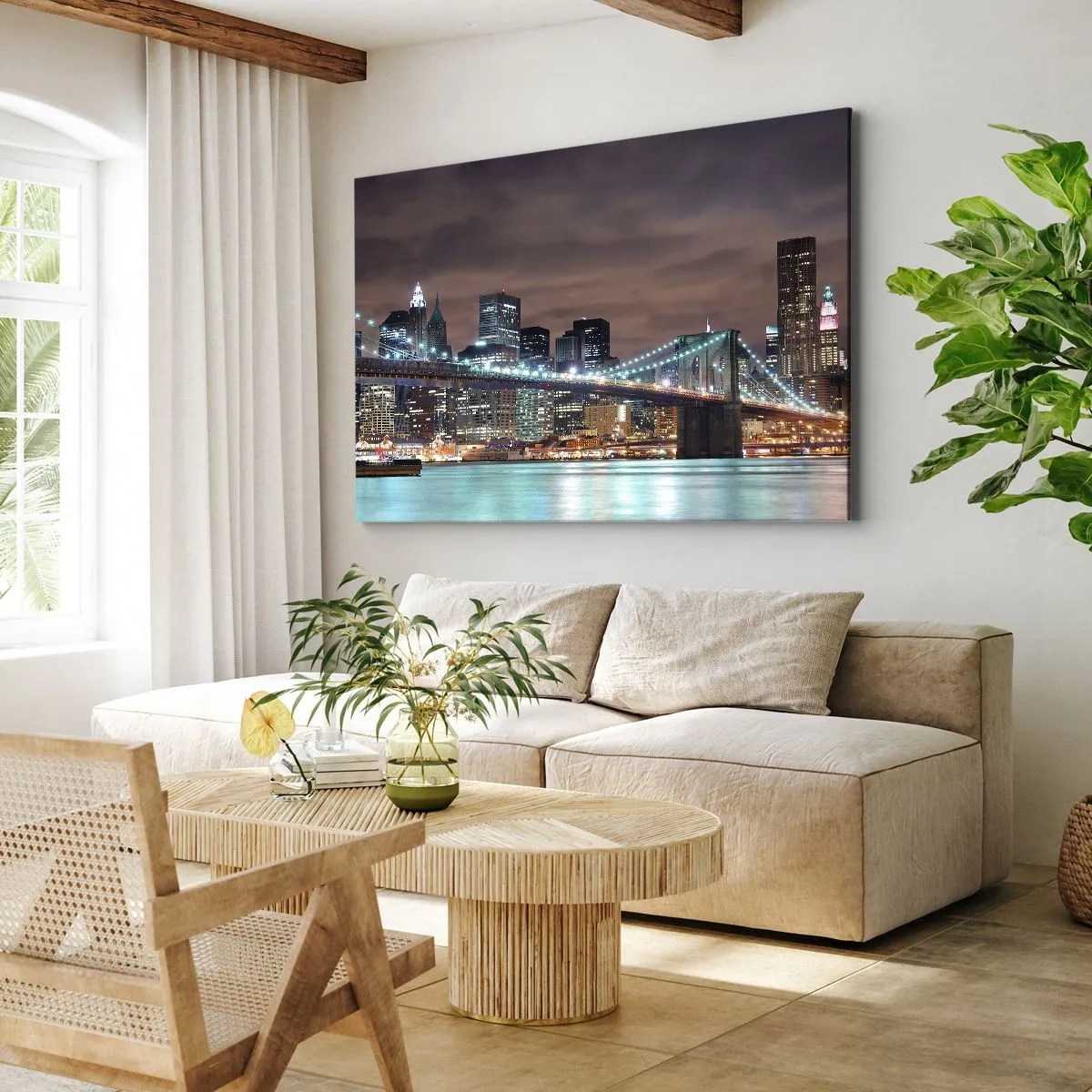 Impression sur toile - Image sur toile - Le pont illuminé la nuit sur fond de panorama urbain moderne - 120x80cm - Lumières des grandes villes - Décoration murale moderne pour le salon et la chambre ARTTOR