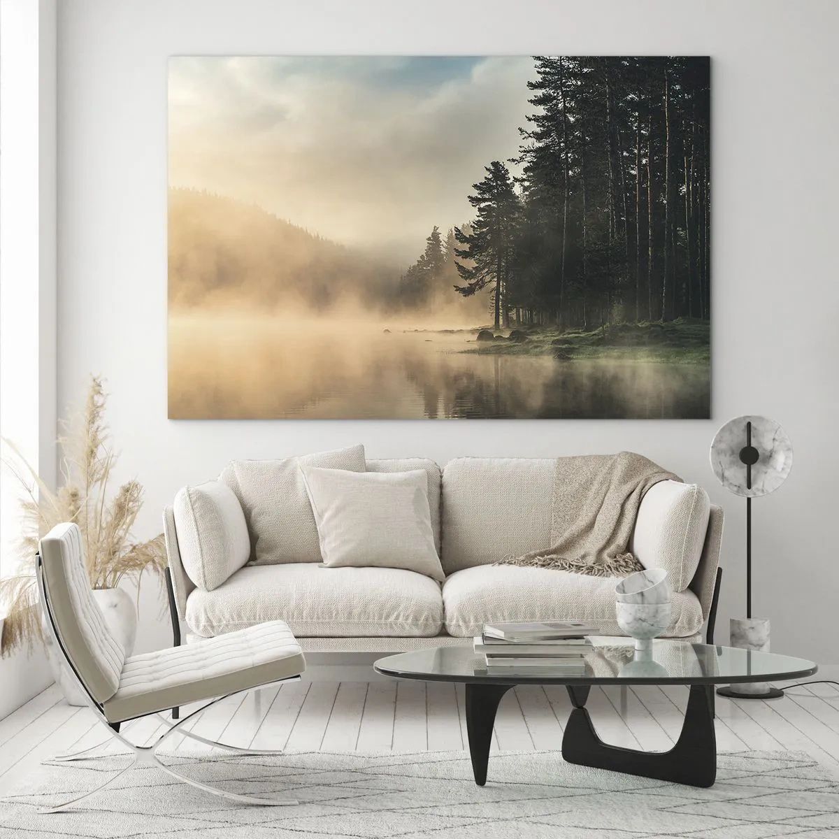 Impression sur verre - Image sur verre - Un matin brumeux sur un lac forestier - 120x80cm - Naissance du jour - Décoration murale moderne pour le salon et la chambre ARTTOR