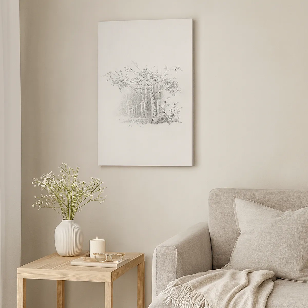 Impression sur toile - Image sur toile - Un dessin d'une forêt de bouleaux dans un croquis au crayon subtil - 50x70cm - Lumière d'une forêt de bouleaux - Décoration murale moderne pour le salon et la chambre ARTTOR