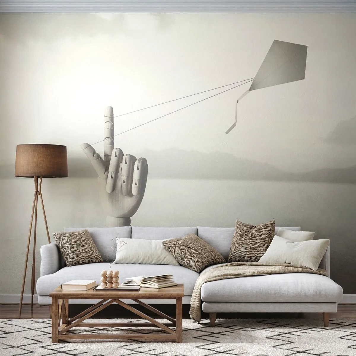 Papier peint sur mesure Premium Sand - Épreuve de force - Abstraction, Main, Cerf-volant