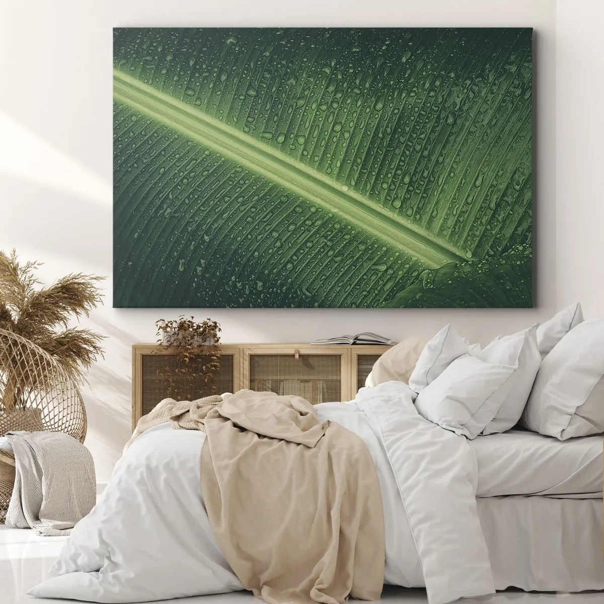 Impression sur toile - Image sur toile - Une feuille verte avec des gouttes d'eau à sa surface - 100x70cm - Structure de vert - Décoration murale moderne pour le salon et la chambre ARTTOR