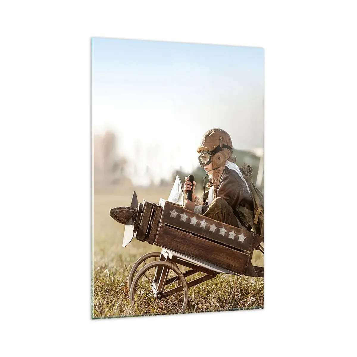 Impression sur verre - Image sur verre - Un enfant dans un avion jouet avec un champ en arrière-plan - 80x120cm - Départ vers un rêve - Décoration murale moderne pour le salon et la chambre ARTTOR