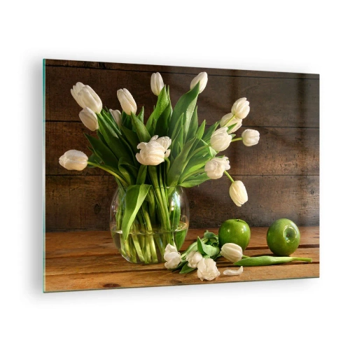 Impression sur verre - Image sur verre - Un vase de tulipes blanches et de pommes vertes sur une table en bois - 70x50cm - Juteux et frais en vert et blanc - Décoration murale moderne pour le salon et la chambre ARTTOR