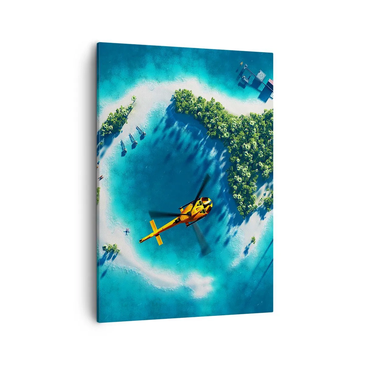 Impression sur toile - Image sur toile - Une île tropicale entourée d'eau turquoise avec un hélicoptère en vue - 50x70cm - Achetez-vous une île - Décoration murale moderne pour le salon et la chambre ARTTOR