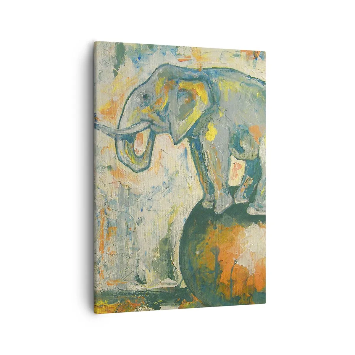 Impression sur toile - Image sur toile - Un éléphant en équilibre sur une balle dans un style artistique - 50x70cm - Que vive le cirque ! - Décoration murale moderne pour le salon et la chambre ARTTOR