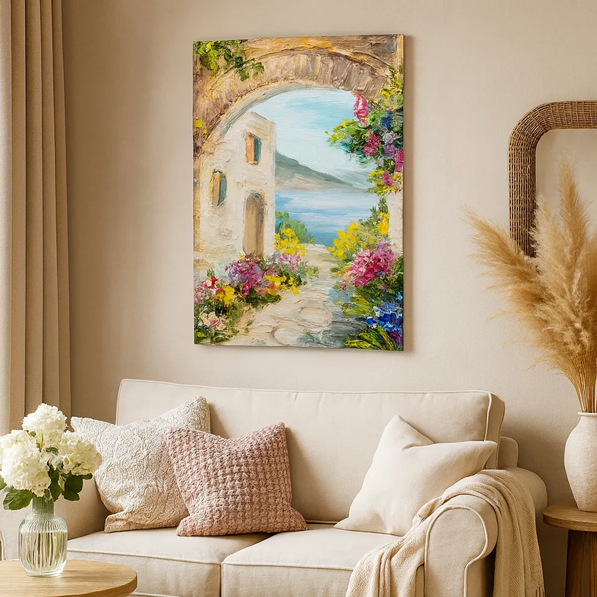 Impression sur toile - Image sur toile - Paysage de bord de mer avec des bâtiments en pierre et des fleurs - 50x70cm - Le charme d'une province côtière - Décoration murale moderne pour le salon et la chambre ARTTOR