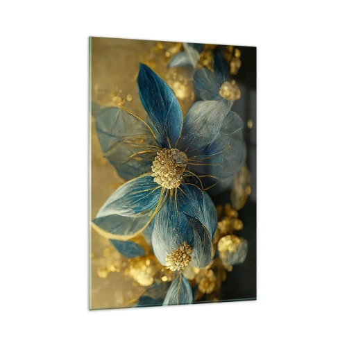 Impression sur verre - Image sur verre - Fleurs élégantes dans des tons de bleu et d'or - 80x120cm - Fleurir avec de l'or - Décoration murale moderne pour le salon et la chambre ARTTOR