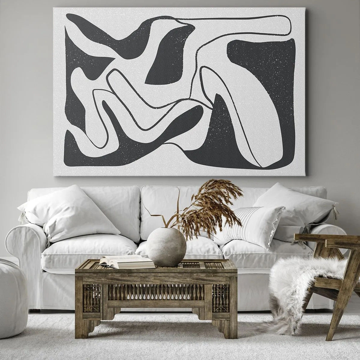 Impression sur toile - Image sur toile - Abstraction en noir et blanc avec des formes organiques - 100x70cm - Amusement de labyrinthe abstrait - Décoration murale moderne pour le salon et la chambre ARTTOR