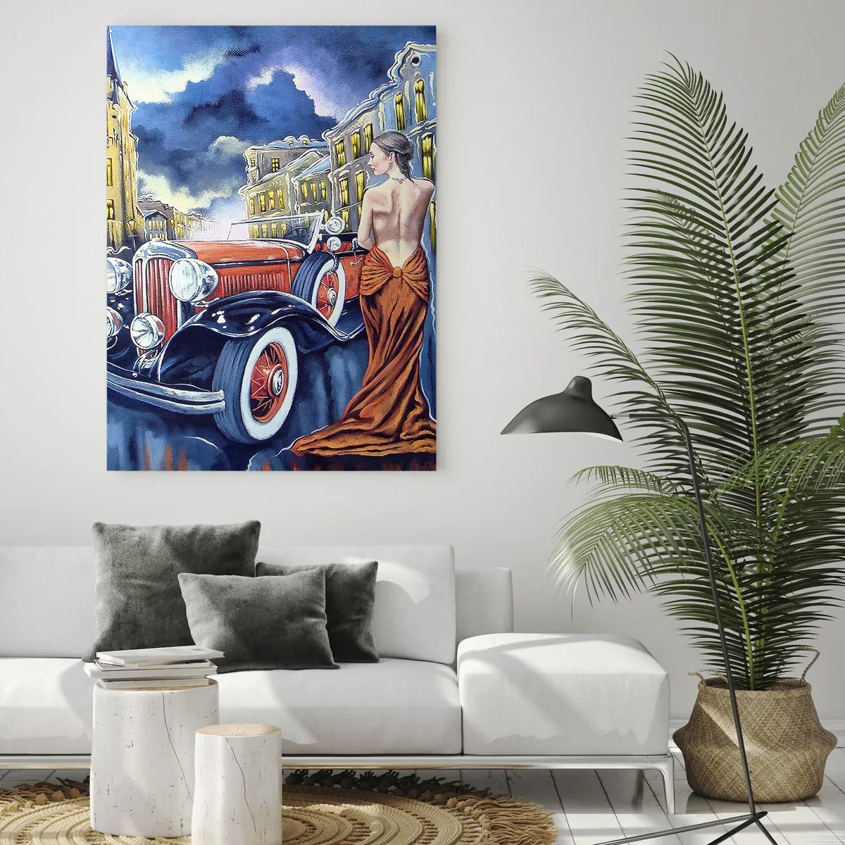 Impression sur verre - Image sur verre - Une femme dans une robe élégante à côté d'une voiture classique - 50x70cm - Nocturne en bleu et corail - Décoration murale moderne pour le salon et la chambre ARTTOR