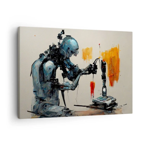 Impression sur toile - Image sur toile - Robot au travail avec un arrière-plan abstrait - 70x50cm - Déjà demain… - Décoration murale moderne pour le salon et la chambre ARTTOR
