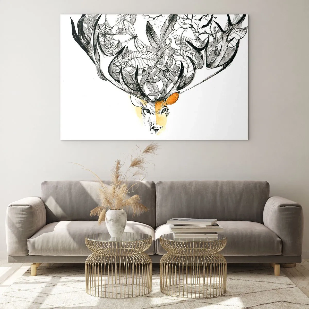 Impression sur verre - Image sur verre - Dessin d'un cerf avec des bois fantaisie - 70x50cm - Corne d'abondance - Décoration murale moderne pour le salon et la chambre ARTTOR