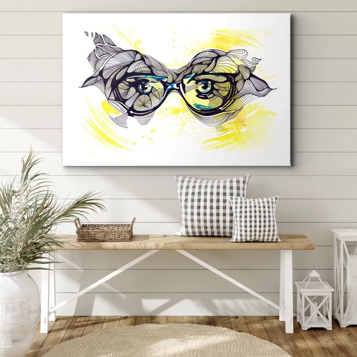 Impression sur toile - Image sur toile - Graphiques artistiques de lunettes aux yeux expressifs - 100x70cm - À travers des lunettes bleues - Décoration murale moderne pour le salon et la chambre ARTTOR