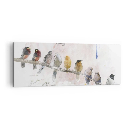 Impression sur toile - Image sur toile - Oiseaux colorés sur une branche dans un style aquarelle - 140x50cm - Rencontre ailée - Décoration murale moderne pour le salon et la chambre ARTTOR