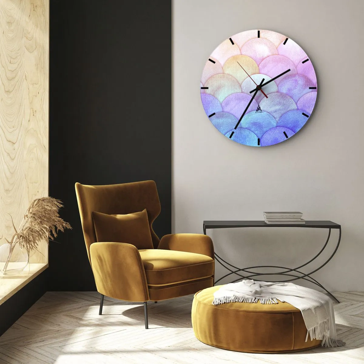 Horloge murale - Pendule murale - Écailles pastel semi-circulaires dans les tons de rose, violet et bleu - 30x30cm - Écailles de perles - Décoration murale moderne pour le salon, la cuisine et la chambre ARTTOR