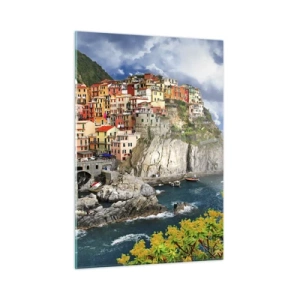 Impression sur verre - Image sur verre - Une ville colorée sur une falaise au bord de la mer - 50x70cm - Un groupe embrassant les rochers - Décoration murale moderne pour le salon et la chambre ARTTOR