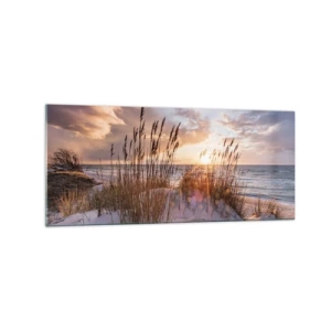 Impression sur verre - Image sur verre - Dunes avec des herbes sur fond de soleil couchant - 120x50cm - Salutations du soleil et du vent - Décoration murale moderne pour le salon et la chambre ARTTOR